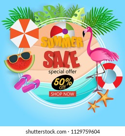 Summer Sale banner with flamingo. Vector illustration. beach element in summer