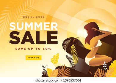 Summer sale banner. Flat design vector illustration of mobile and social media banner template, online shopping ad, poster, newsletter design, coupon, marketing material.