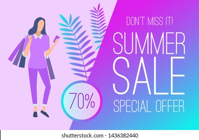 Summer sale banner in flat style. Young woman with shopping bags standing and using smartphone. Retail seasonal promotion and advertisement. Special offer and discount proposition vector illustration