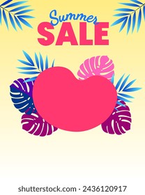 Summer sale banner flayer with lettering and exotic monstera and palm leaves on a light background Vector