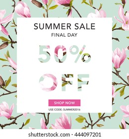 Summer Sale Banner. Floral Background. Magnolia Poster. Vector Illustration