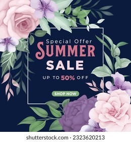 Summer sale banner with flower watercolor vector design template