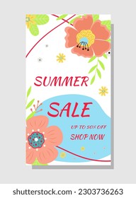 Summer sale banner. Summer flowers and abstract shape on white background.