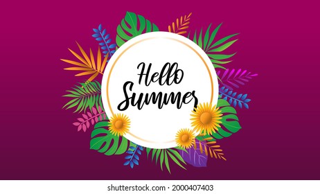 Summer sale banner with flowers and leaves on a magenta vector background