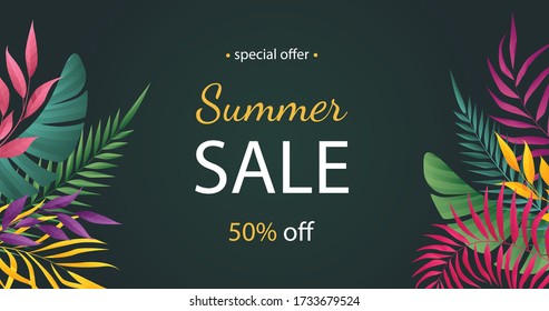 Summer sale banner with flowers on a green background. Banner for promotions, magazines, advertising, web sites.