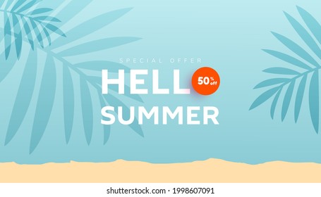 Summer sale banner with fluid bubble shapes and tropical leaves on mint background with space for ad text