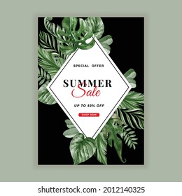 summer sale banner flyer with greenery tropical leaf watercolor