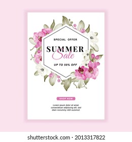 summer sale banner flyer with Orchid pink watercolor, flower frame of orchid