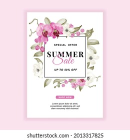 summer sale banner flyer with Orchid pink watercolor, flower frame of orchid