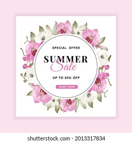 summer sale banner flyer with Orchid pink watercolor, flower frame of orchid