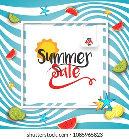 Summer sale banner, flyer or poster design with stylish text and seasaonal fruits slices. 