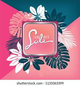 Summer sale banner frame on tropical leaves and colorful background