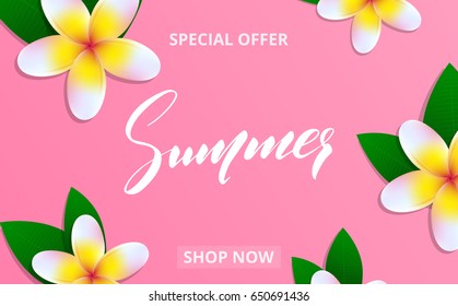 Summer sale banner with frangipani flowers and lettering Summer for promotion, discount, sale, web. Tropic leaves
