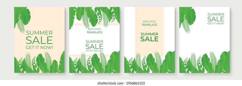 Summer sale banner with fresh green leaves. Vector illustration for banner, poster, social media post, promotion sale set. Vector season poster template. Tropical spring or summer background paper cut