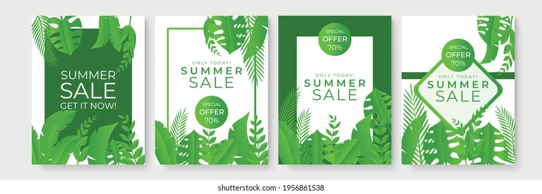 Summer sale banner with fresh green leaves. Vector illustration for banner, poster, social media post, promotion sale set. Vector season poster template. Tropical spring or summer background paper cut