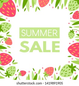Summer sale banner with fresh strawberries. Summer fruits for healthy lifestyle. Vector colorful summer berries frame. Vector flat cartoon illustration