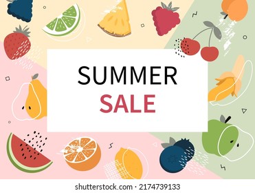 Summer sale banner with fruits and berries. Memphis style apple, peach, pear, banana, cherry, orange, limon, watermelon, strawberry, lime, pineapple. Fresh colorful vector illustration