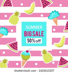 Summer Sale Banner. Fruits, ice cream on pink and white stripes background