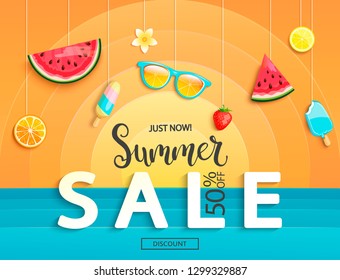 Summer sale banner with fruits, ice-cream, watermelon, orange, glasses, strawberries. Discount template card with geometric background with sun and sea. For flyer, invitation, poster, brochure. Vector