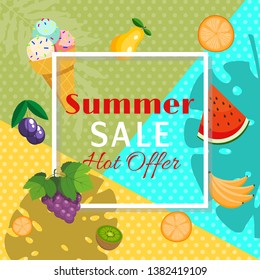Summer sale banner with fruits such as orange, watermelon, banana, kiwi, grapes, plum, pear with tree leaves and ice cream vector illustration. For Promotions. Special hot offer.