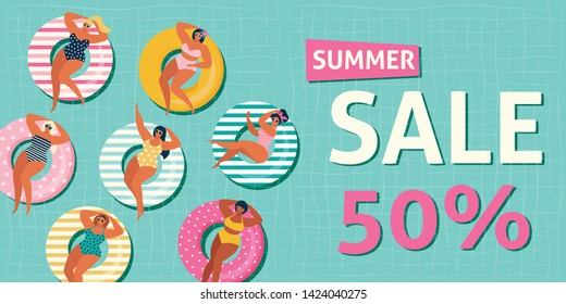 	
Summer sale banner with gils on inflatable in swimming pool floats background, exotic floral design for banner, flyer, invitation, poster, web site or greeting card. Vector illustration.