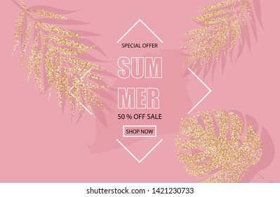 Summer sale banner with glitter golden palm leaves Vector. Pink background