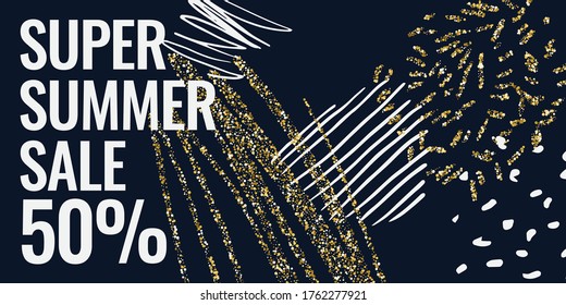 Summer sale banner with gold glitter. Original poster for discount. Bright abstract background with text. Vector illustration.