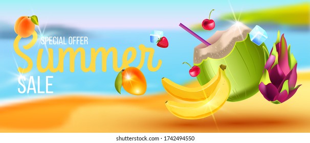 Summer sale banner with green coconut, banana, dragon fruit, peach, ice, mango. Tropical background with defocused beach, ocean, sky. Special offer flyer in realistic style with exotic fruit, flare 