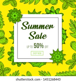 Summer sale banner green leaves with yellow background