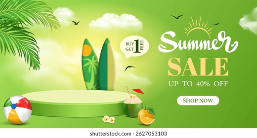 summer sale banner with green nature background and summer tropical elements