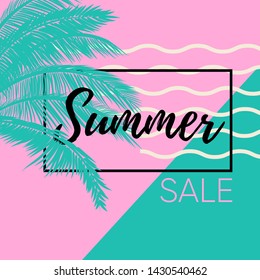 Summer sale banner with green palm tree leafs, on a pink and green background with waves. Ready to use in social media, posters, flyers, wallpapers, packaging, textile, fabric and advertising.