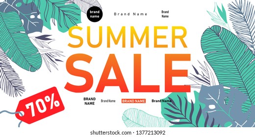 Summer sale banner with green tropical leaves and label with discount percentage.