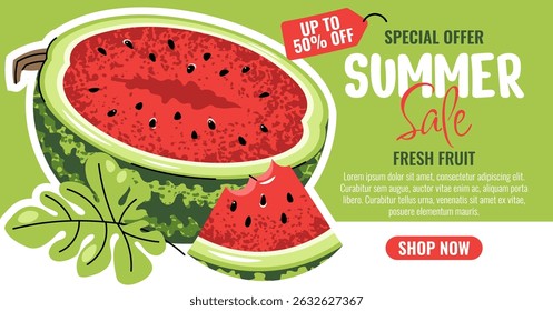 Summer Sale Banner with Half Watermelon, Flat Design Horizontal Promo Template. Fruit Background for Seasonal Discount, Food Marketing, Grocery Ads Social Media Campaign, Website, Store Promotion