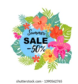 Summer sale banner with hand drawn sketch style tropical leaves and flowers. Place for text. Template for poster, web, invitation, flyer.