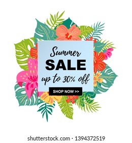 Summer sale banner with hand drawn sketch style tropical leaves and flowers. Place for text. Template for poster, web, invitation, flyer.