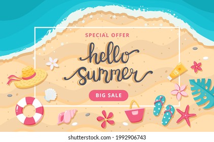 Summer sale banner. Hand drawn lettering, beach and cute elements. Template vector illustration
