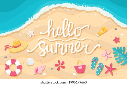 Summer sale banner. Hand drawn lettering, beach and cute elements. Template vector illustration