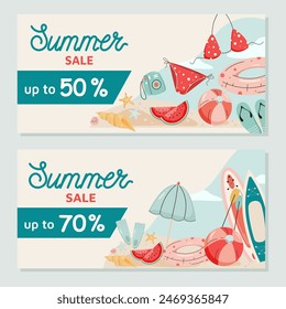 Summer sale banner. Hand drawn lettering and cute cartoon elements, bikini, flippers, flip flops, shells, watermelon, starfish, ball, surfboard, swimming circle. Template vector illustration.