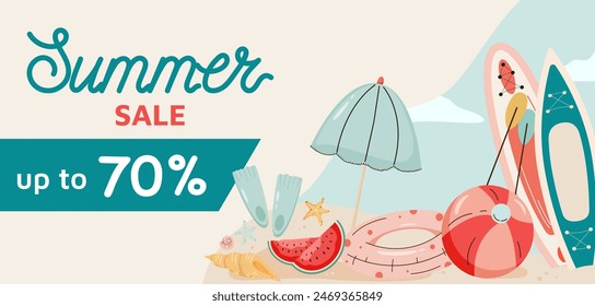 Summer sale banner. Hand drawn lettering and cute cartoon elements, bikini, flippers, shells, watermelon, starfish, ball, surfboard, swimming circle. Template cartoon vector illustration