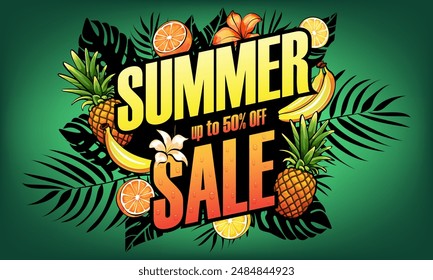 Summer sale banner. Hand drawn poster template with tropical fruits, flowers and silhouettes of leaves. Discount, special offer, up to 50% off