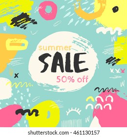 Summer sale banner. Hand drawn abstract card and geometric elements. Modern abstract design poster, cover,card design.