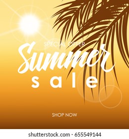 Summer Sale banner with hand lettering and palm leaves for business, promotion and advertising. Vector illustration.