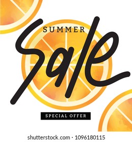 summer sale banner with hand written lettering vector illustration and watercolor paint textured oranges