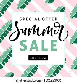 Summer sale banner with hand written text and banana leaves.