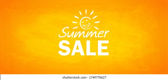 summer sale banner with happy sun doodle, hand drawn lettering and orange  paintbrush texture background 