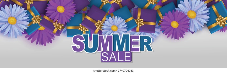 Summer sale banner or header Blue and purple daisy flowers and gift boxes with golden bow and ribbon. Vector illustration.