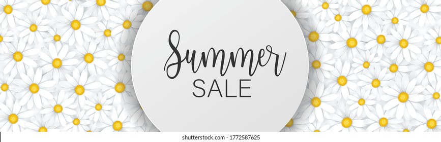 Summer sale banner or header. White daisy flowers tender femenine background. Promo design concept. Realistic vector illustration with lettering.