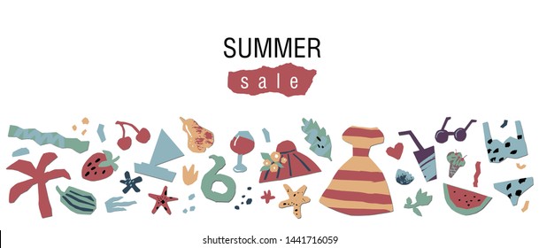 Summer sale banner with summer holiday and fashion items for banner, flyer, invitation, poster, web site or greeting card. Paper cut style, vector illustration