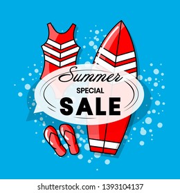 Summer sale Banner. Hot offer template with surf board, swimsuit and flip flops. Vector illustration