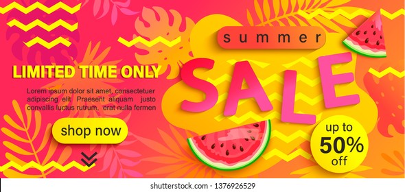 Summer Sale banner, hot season discount poster with tropical leaves for your design.Invitation for limited time shopping. 50 percent off special offer card, template for label,advertising badge,flyer.